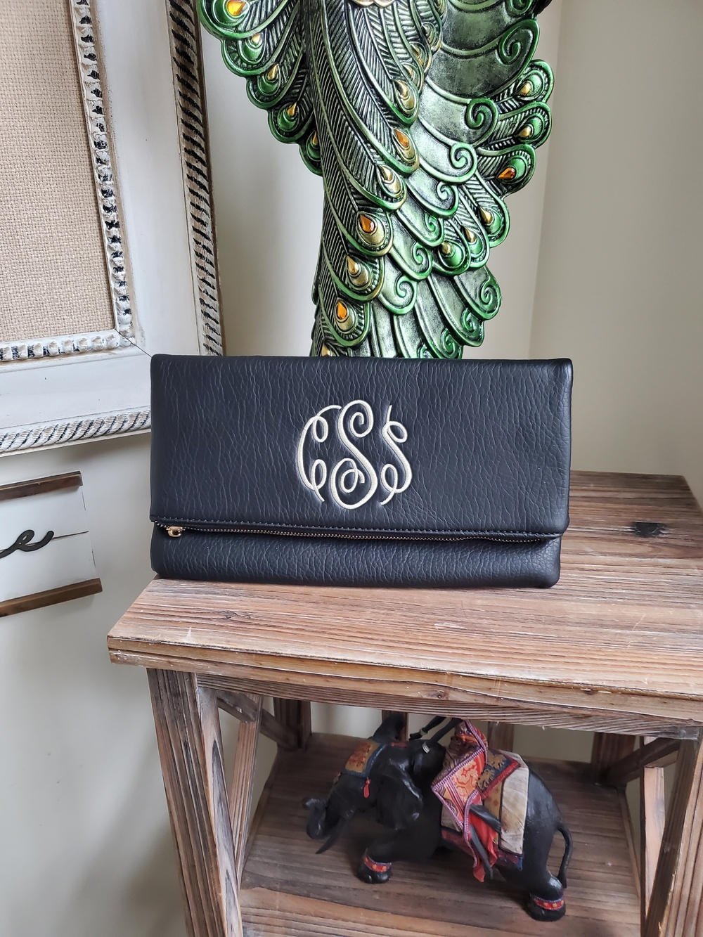 Personalized Black Fold-Over Clutch with Monogram